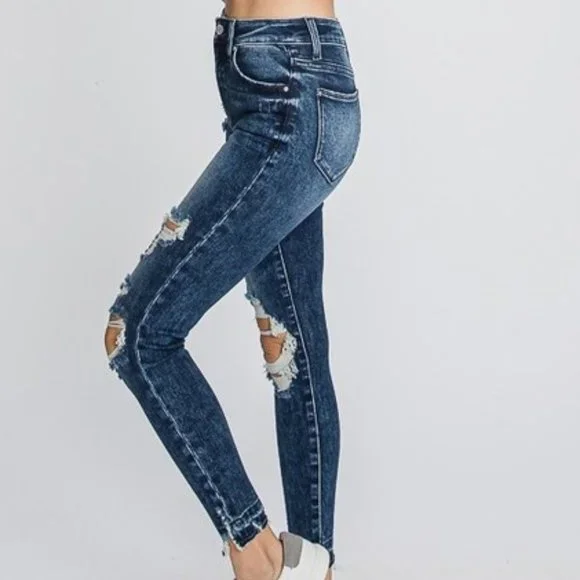 High Rise Dark Ankle Skinny Distressed Jeans - Picture 3 of 5